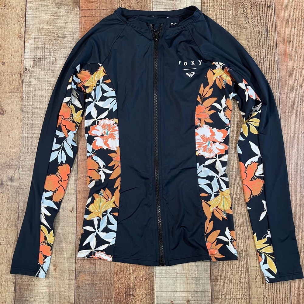 Roxy Black Floral Long Sleeve Full Zip Rash Guard Swim Top Women XS Hibiscus